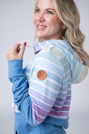 Hailey Pullover Hoodie - Rainbow Stripes and Blue by Michelle Mae
