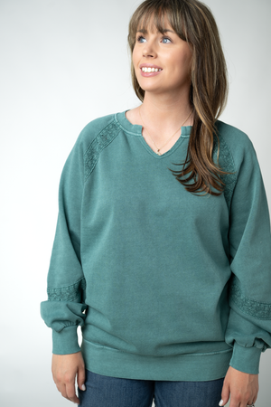 Lace Accent Vintage Wash Pullover - Teal by Michelle Mae
