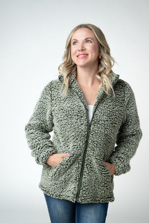 Two Tone Fullzip Sherpa - Olive and White by Michelle Mae