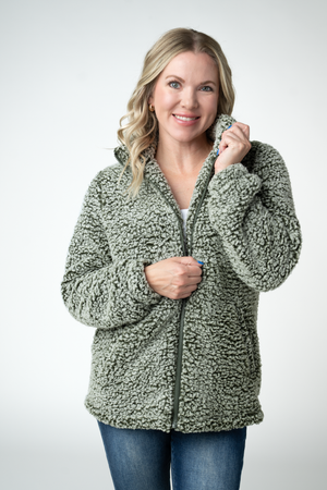 Two Tone Fullzip Sherpa - Olive and White by Michelle Mae