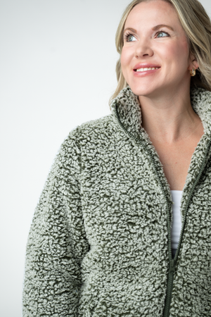 Two Tone Fullzip Sherpa - Olive and White by Michelle Mae