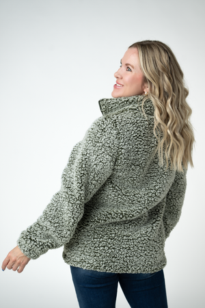 Two Tone Fullzip Sherpa - Olive and White by Michelle Mae