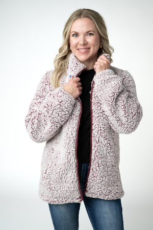 Two Tone Fullzip Sherpa - Cranberry and White by Michelle Mae