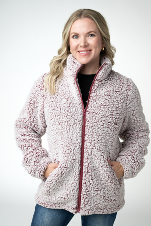 Two Tone Fullzip Sherpa - Cranberry and White by Michelle Mae