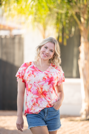 Raelynn V-Neck Top - Sunset Tropical Floralby Michelle Mae