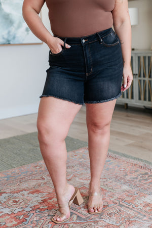 Judy Blue High Rise Tummy Control Fray Hem Black Shorts