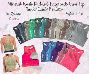 Ribbed Racerback Mineral Washed Crop Tank Top Bralette with pads by Zenana 6190