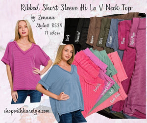 Zenana Ribbed Short Sleeve High Low V Neck Top - 11 Colors