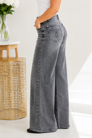 Judy Blue Mid Rise Palazzo Split Back Yoke Washed Grey Jeans