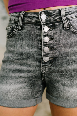 Judy Blue High Rise Button Fly Cuffed Shorts in Grey