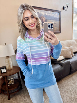 Hailey Pullover Hoodie - Rainbow Stripes and Blue by Michelle Mae
