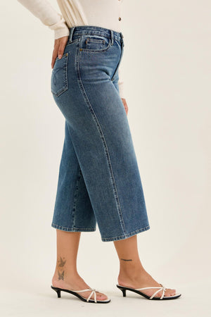 Judy Blue High Waist Dottie Wide Leg Crop Jeans in Medium Quarry Fade