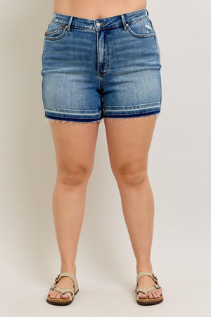 Judy Blue Mid Rise Tummy Control Vintage Wash Release Hem Jean Shorts