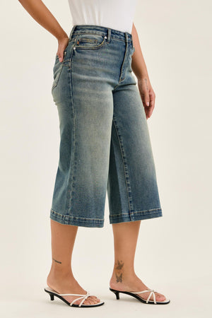 Judy Blue High Waist Marian Culotte with Side Shaping Seams Jeans Medium Warm Tinted Indigo