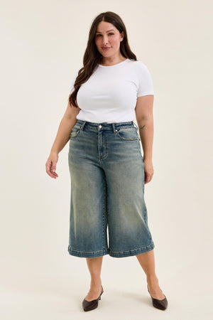 Judy Blue High Waist Marian Culotte with Side Shaping Seams Jeans Medium Warm Tinted Indigo
