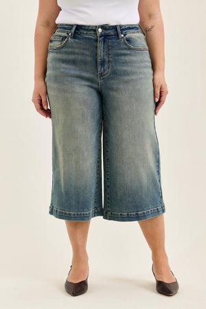 Judy Blue High Waist Marian Culotte with Side Shaping Seams Jeans Medium Warm Tinted Indigo