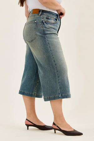 Judy Blue High Waist Marian Culotte with Side Shaping Seams Jeans Medium Warm Tinted Indigo