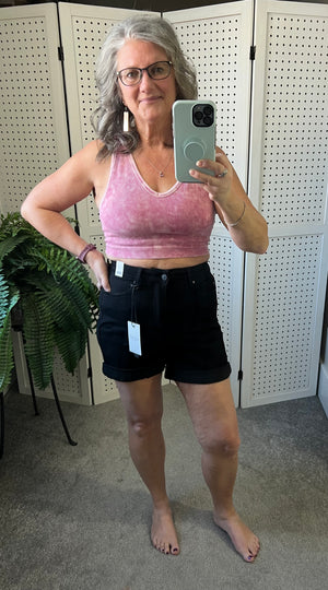 Judy Blue High Waist Tummy Control Cuffed Non Distressed Shorts in Black