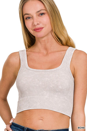 Ribbed Cropped Square Neck Mineral Washed Bralette by Zenana 6138