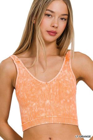 Ribbed Cropped Mineral Washed V neck Tank Top Brami bralette by Zenana 6178