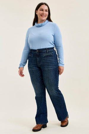Judy Blue High Waist Tummy Control Alex Boy Bootcut Jeans with Welt Pockets in Dk Blue