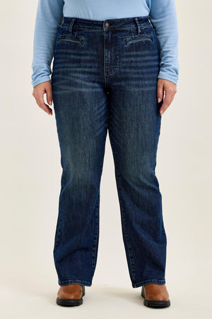Judy Blue High Waist Tummy Control Alex Boy Bootcut Jeans with Welt Pockets in Dk Blue