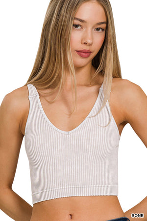 Ribbed Cropped Mineral Washed V neck Tank Top Brami bralette by Zenana 6178
