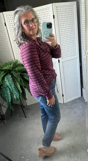 Striped Notched V Neck Long Sleeve Top - 5 colors