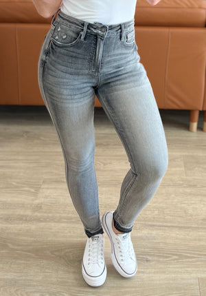 Judy Blue High Waist Tummy Control Release Hem Skinny in Washed Out Gray