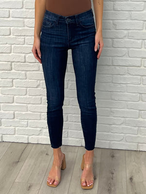 Judy Blue Mid Rise Adjustable Double Button Waist Raw Hem Skinny Jeans