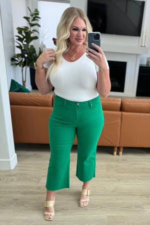 Judy Blue High Rise Tummy Control Wide Leg Crop Jeans in Kelly Green