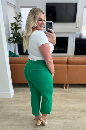 Judy Blue High Rise Tummy Control Wide Leg Crop Jeans in Kelly Green