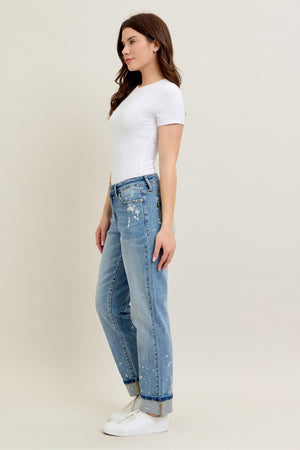 Judy Blue Mid Rise Bleach Splattered Cuffed Boyfriend Jeans
