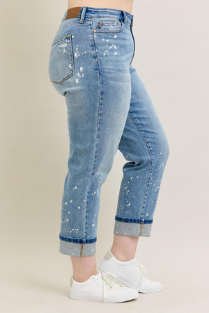 Judy Blue Mid Rise Bleach Splattered Cuffed Boyfriend Jeans