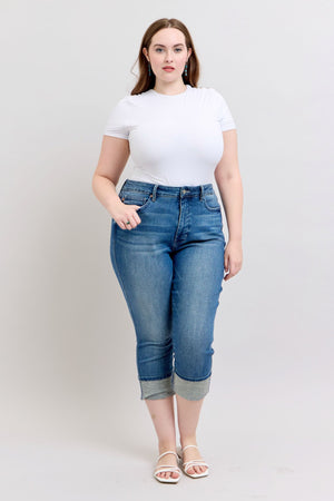 Judy Blue High Waist Tummy Control Shield Pocket Skinny Cuff Capris Jeans