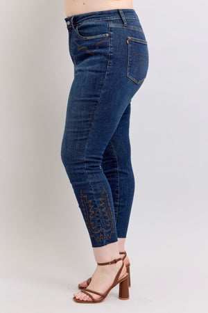 Judy Blue High Waist Western Embroidered Skinny Raw Hem Tall Jeans