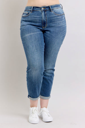 Judy Blue Mid Rise Vintage Wash Non Distressed Boyfriend Cuffed Jeans
