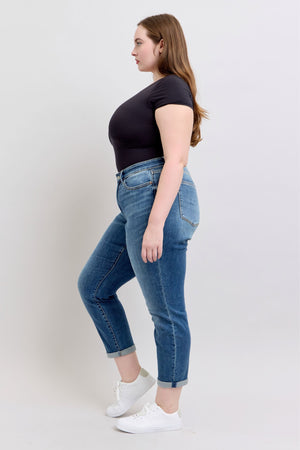 Judy Blue Mid Rise Vintage Wash Non Distressed Boyfriend Cuffed Jeans