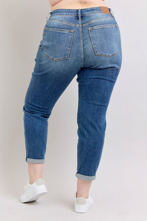 Judy Blue Mid Rise Vintage Wash Non Distressed Boyfriend Cuffed Jeans