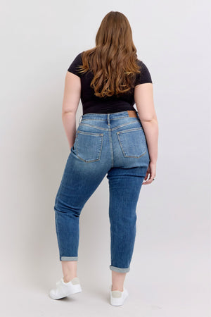Judy Blue Mid Rise Vintage Wash Non Distressed Boyfriend Cuffed Jeans