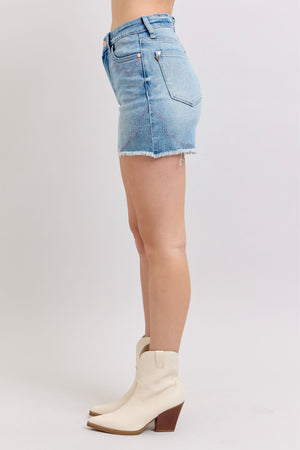 Judy Blue High Waist Western Pink Embroidery Detail Cutoff Denim Shorts