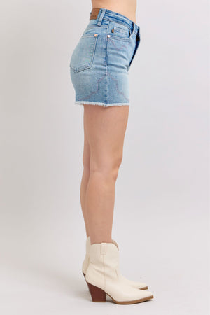 Judy Blue High Waist Western Pink Embroidery Detail Cutoff Denim Shorts
