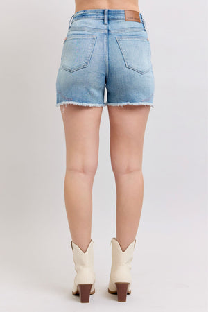 Judy Blue High Waist Western Pink Embroidery Detail Cutoff Denim Shorts
