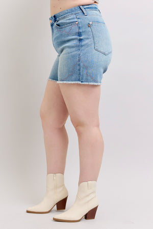 Judy Blue High Waist Western Pink Embroidery Detail Cutoff Denim Shorts