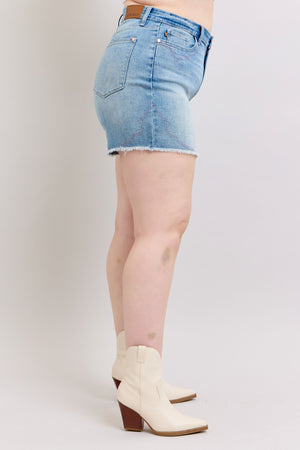 Judy Blue High Waist Western Pink Embroidery Detail Cutoff Denim Shorts