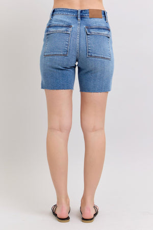 Judy Blue Mid Rise Bermuda Cutoff Denim Shorts