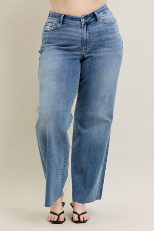 Judy Blue Mid Rise V - Front Raw Hem Baggy Jeans Tall (33" inseam)