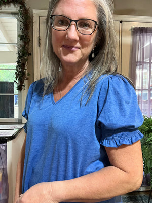 Flounce Smocked Sleeve V-Neck Tee Blue
