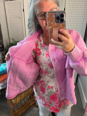 Acid Wash Fleece Cropped Shacket with Front Pockets by Zenana