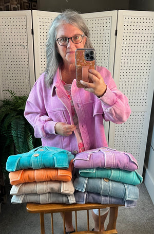 Acid Wash Fleece Cropped Shacket with Front Pockets by Zenana